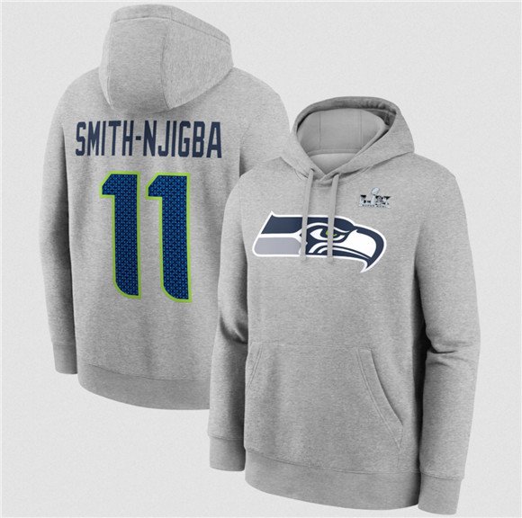 Men's Seattle Seahawks #11 Jaxon Smith-Njigba Heather Gray 2025 Super Bowl LX Patch Name & Number Hoodie