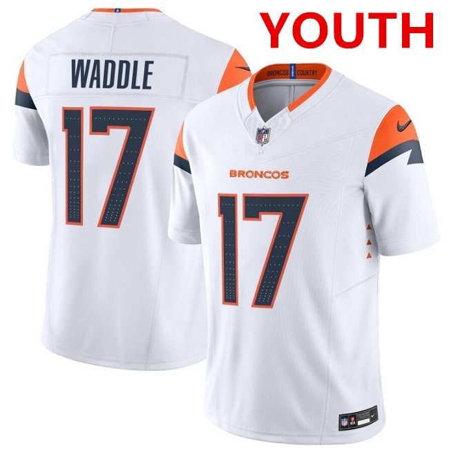 Youth Denver broncos #17 Jaylen Waddle white 2026 f.u.s.e vapor untouchable limited stitched jersey