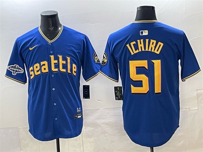 Men's Seattle Mariners #51 Ichiro Suzuki Royal With 2025 AL West Division Champions Patch Limited Stitched jersey