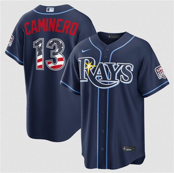 Men's Tampa Bay Rays #13 Junior Caminero Navy 2026 USA 250 Fourth of July Home Stitched Baseball Jersey