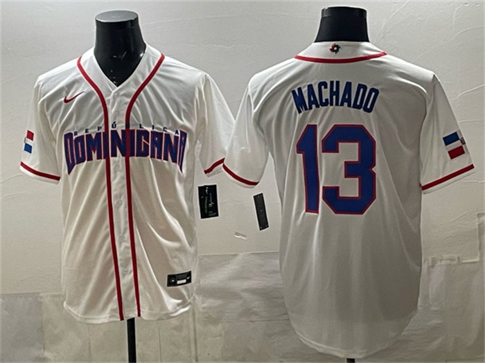 Men's Dominican Republic Baseball #13 Manny Machado White 2026 World Baseball Classic Home Stadium Stitched Jersey