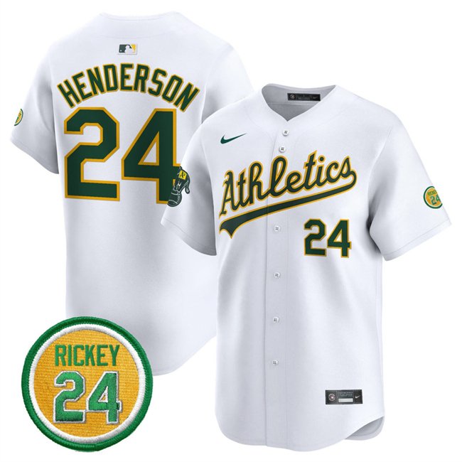 Men's Oakland Athletics #24 Rickey Henderson White 2024 Home Limited With Rickey Henderson Patch Stitched Jersey