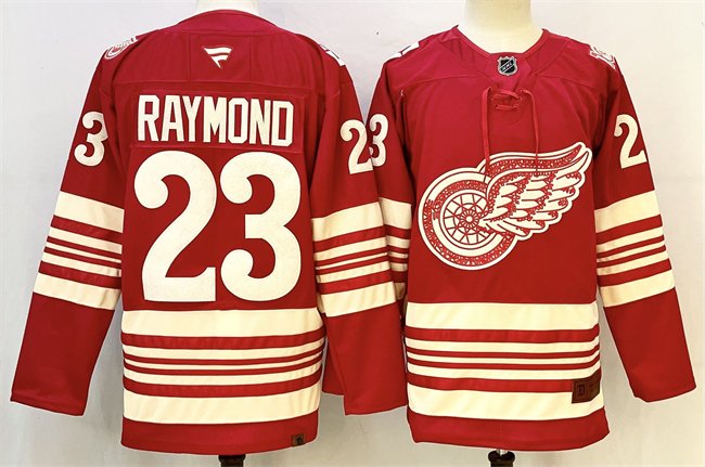 Men's Detroit Red Wings #23 Lucas Raymond Red 2025-26 Centennial Premium Stitched Hockey Jersey