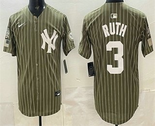 Men's New York Yankees #3 Babe Ruth Olive Pinstripe 2026 Armed Forces Day Salute To Service Jersey
