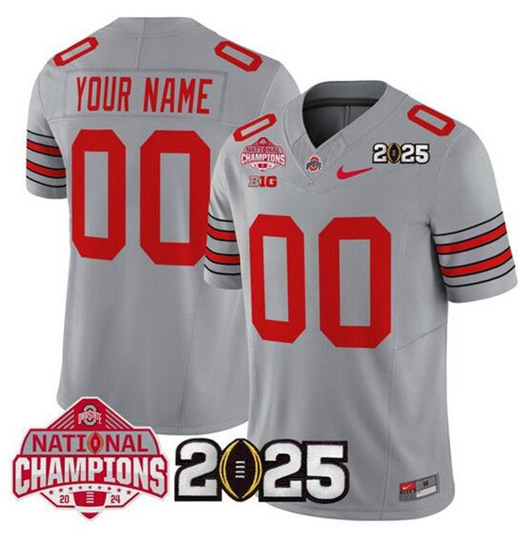 Men's Ohio State Buckeyes Active Player Custom Gray 2025 CFP Final With National Champions Patch F.U.S.E. Vapor Limited Stitched Jersey