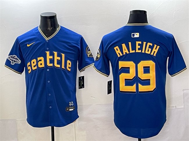 Men's Seattle Mariners #29 Cal Raleigh Royal With 2025 AL West Division Champions Patch City Connect Limited Stitched Baseball Jersey
