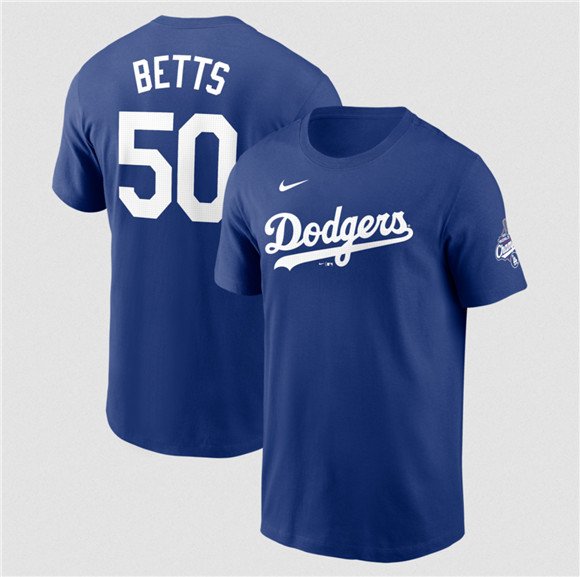 Men's Los Angeles Dodgers #50 Mookie Betts Royal 2025 World Series Champions Name & Number T-Shirt
