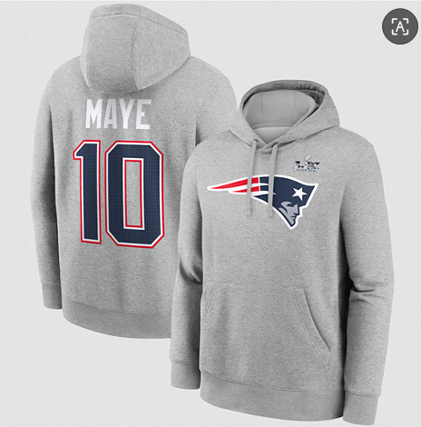 Men's New England Patriots #10 Drake Maye Heather Gray 2025 Super Bowl LX Patch Name & Number Hoodie