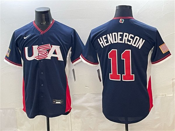 Men's USA Baseball #11 Gunnar Henderson Navy 2026 World Baseball Classic Road Stadium Stitched Jersey