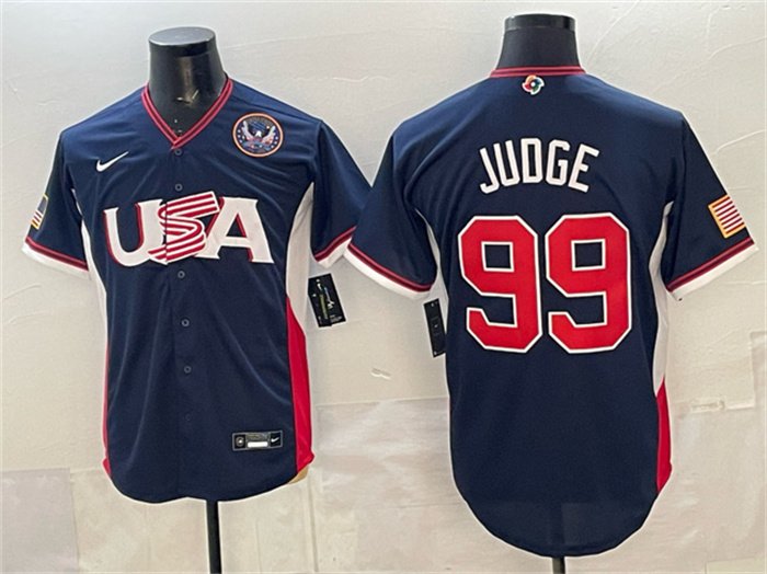 Men's USA Baseball #99 Aaron Judge Navy 2026 World Baseball Classic United States 250th Anniversary Patch Road Stadium Stitched Jersey