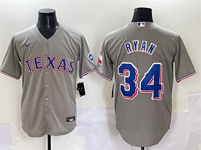 Men's Texas Rangers #34 Nolan Ryan Grey With Patch Cool Base Stitched Baseball Jersey