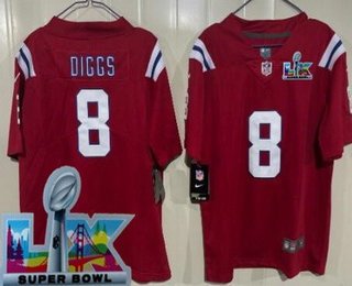 Youth New England Patriots #8 Stefon Diggs Limited Red Super Bowl LX Vapor Jersey