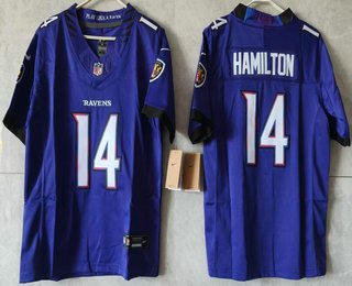 Women's Baltimore Ravens #14 Kyle Hamilton Limited Purple Vapor FUSE Jersey