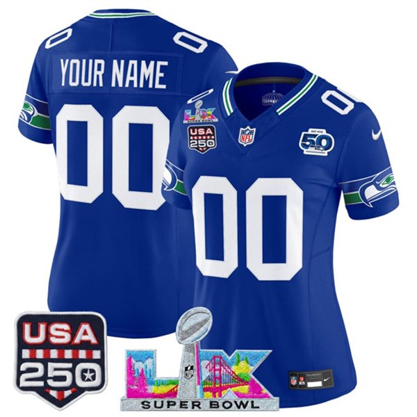 Women's Seattle Seahawks Active Player Custom Royal 2025 F.U.S.E. Super Bowl LX Patch And 50th Season & USA 250' Patch Vapor Throwback Limited Stitched Football Jersey(Run Small)