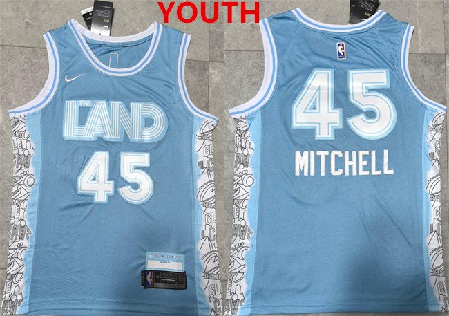 Youth cleveland cavaliers #45 donovan mitchell light blue 2024 city edition stitched jersey