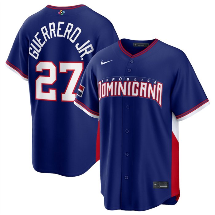 Men's Dominican Republic Baseball #27 Vladimir Guerrero Jr. Navy 2026 World Baseball Classic Road Stadium Stitched Jersey