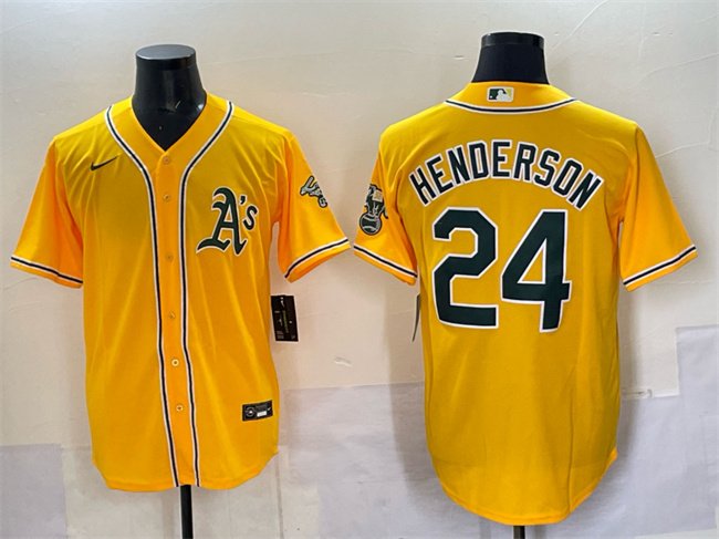 Men's Oakland Athletics #24 Rickey Henderson Yellow With Patch Stitched Baseball Jersey