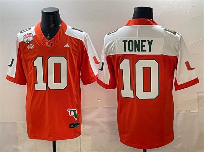 Men's Miami Hurricanes #10 Malachi Toney Orange Alternate F.U.S.E. The Fiesta Bowl Champions & Florida Patch Stitched Football Jersey