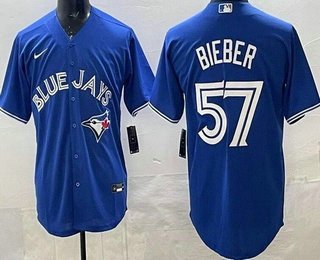 Men's Toronto Blue Jays #57 Shane Bieber Blue Cool Base Jersey
