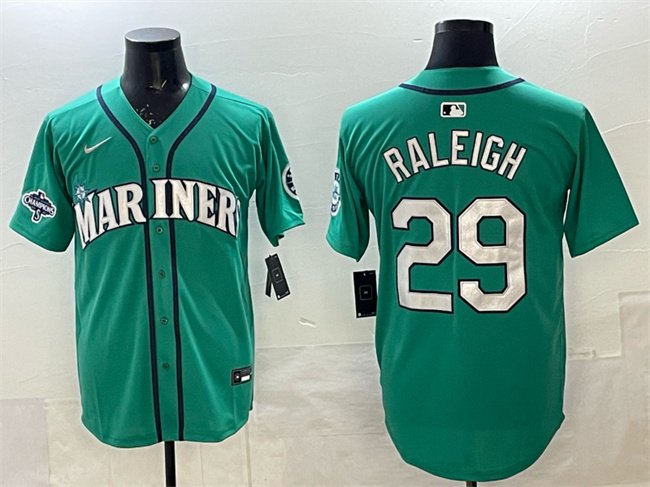 Men's Seattle Mariners #29 Cal Raleigh Aqua With 2025 AL West Division Champions Patch Limited Stitched jersey