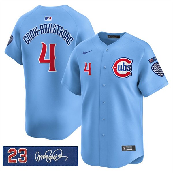 Men's Chicago Cubs #4 Pete Crow-Armstrong Blue 'Ryne Sandberg Tribute' Vapor Limited V3 Stitched Baseball Jersey
