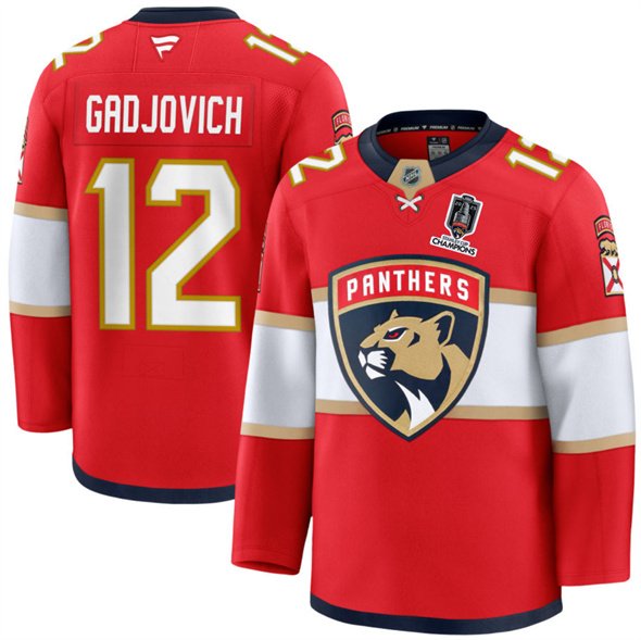 Men's Florida Panthers #12 Jonah Gadjovich Red Home 2025 Stanley Cup Champions Patch Stitched Jersey