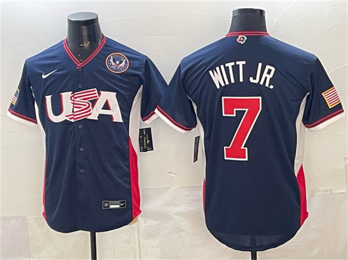 Men's USA Baseball #7 Bobby Witt Jr. Navy 2026 World Baseball Classic United States 250th Anniversary Patch Road Stadium Stitched Jersey