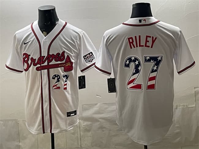 Men's Atlanta Braves #27 Austin Riley White USA 250 Fourth of July Home Stadium Stitched Baseball Jersey
