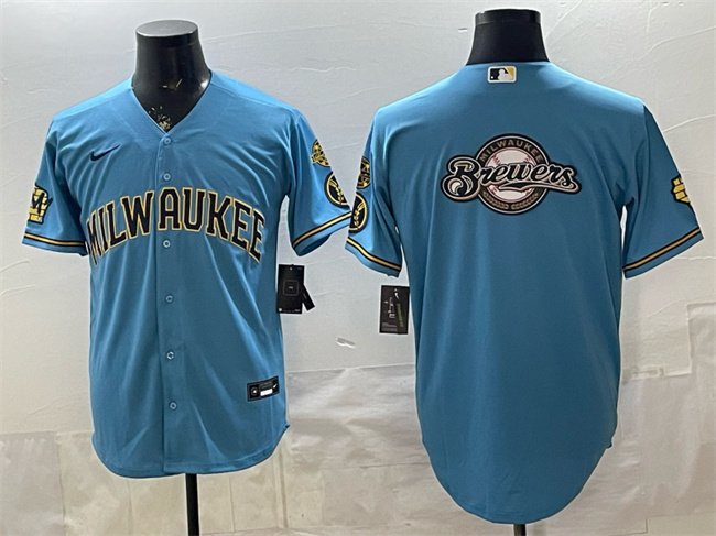 Men's Milwaukee Brewers Team Big Logo Blue With Home & Bob Uecker Patch Stitched Baseball Jersey