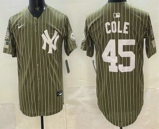 Men's New York Yankees #45 Gerrit Cole Olive Pinstripe 2026 Armed Forces Day Salute To Service Jersey