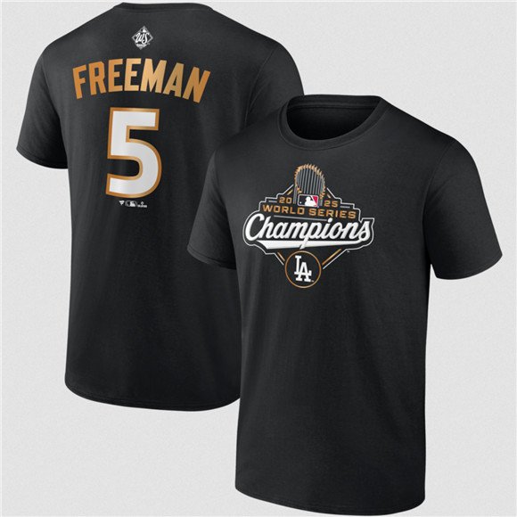 Men's Los Angeles Dodgers #5 Freddie Freeman Black 2025 World Series Champions Name & Number T-Shirt
