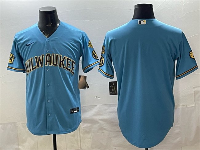 Men's Milwaukee Brewers Blank Blue With Home & Bob Uecker Patch Stitched Baseball Jersey