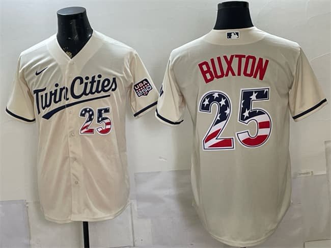 Men's Minnesota Twins #25 Byron Buxton Cream 2026 USA 250 Fourth of July Stitched Baseball Jersey