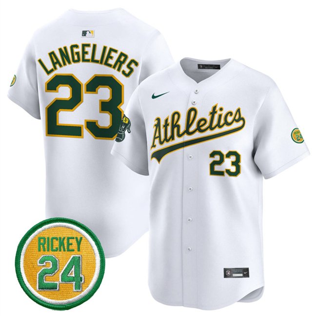 Men's Oakland Athletics #23 Shea Langeliers White 2024 Home Limited With Rickey Henderson Patch Stitched Jersey