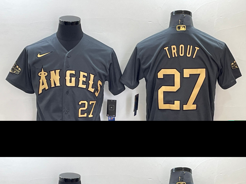 Men's Los Angeles Angels #27 Mike Trout Number Grey 2022 All Star Stitched Flex Base Nike Jersey