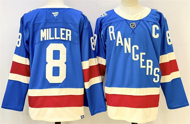 Men's New York Rangers #8 JT Miller Blue 2025 With C Patch Stitched Hockey Jersey