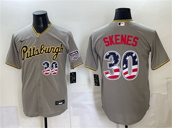 Men's Pittsburgh Pirates #30 Paul Skenes Gray USA 250 Fourth of July Stitched Baseball Jersey