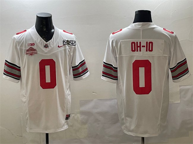 Men's Ohio State Buckeyes #0 OH-IO White 2025 CFP Final With National Champions Patch F.U.S.E. Vapor Limited Stitched Football Jersey