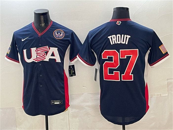 Men's USA Baseball #27 Mike Trout Navy 2026 World Baseball Classic United States 250th Anniversary Patch Road Stadium Stitched Jersey