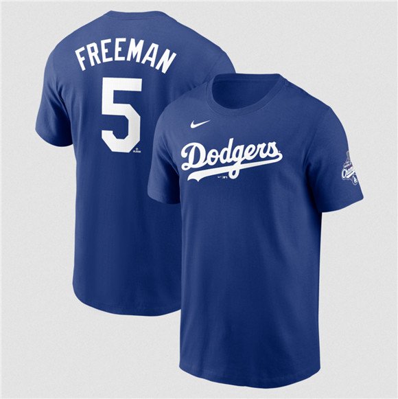 Men's Los Angeles Dodgers #5 Freddie Freeman Royal 2025 World Series Champions Name & Number T-Shirt