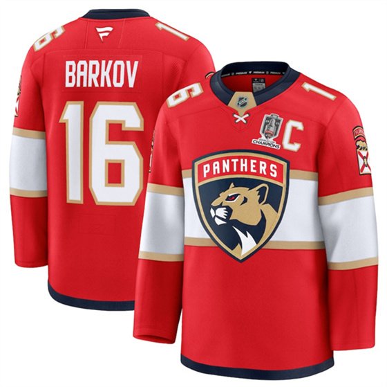 Men's Florida Panthers #16 Aleksander Barkov Red Home 2025 Stanley Cup Champions & C Patch Stitched Hockey Jersey