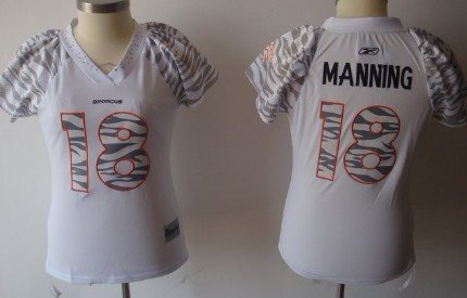 Denver Broncos #18 Peyton Manning White Womens Zebra Field Flirt Fashion Jersey