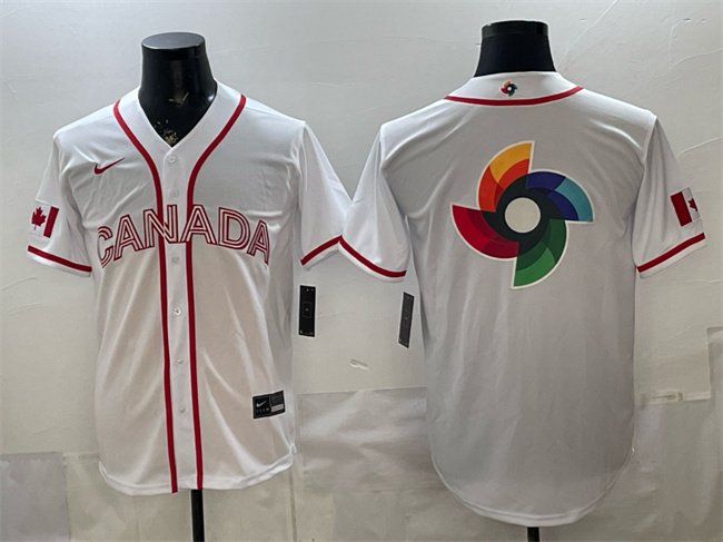 Men's Canada Baseball White 2026 World Baseball Classic Big Logo Home Stadium Stitched Jersey