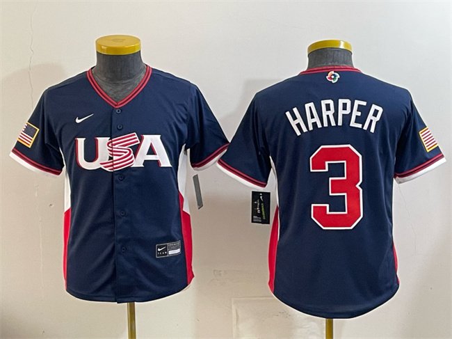Youth USA Baseball #3 Bryce Harper Navy 2026 World Baseball Classic Stadium Stitched Baseball Jersey