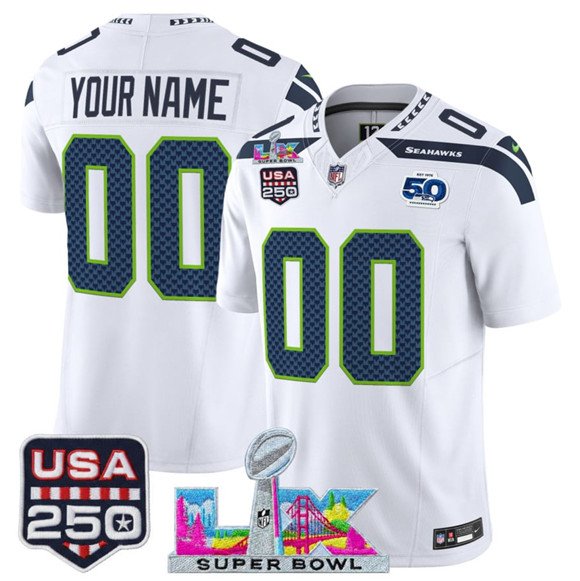 Men's Seattle Seahawks Active Player Custom White 2025 F.U.S.E. Super Bowl LX & US 250th anniversary Patch And 50th Season Patch Vapor Limited Football Stitched Jersey