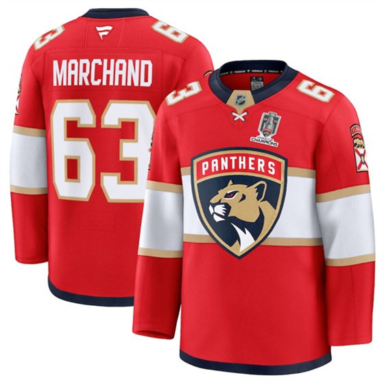 Men's Florida Panthers #63 Brad Marchand Red Home 2025 Stanley Cup Champions Patch Stitched Hockey Jersey