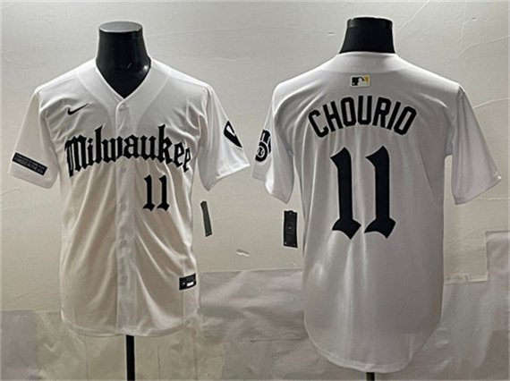 Men's Milwaukee Brewers #11 Jackson Chourio White 'Gothic 414 Shadows Edition' Vapor Premier Limited Stitched Jersey