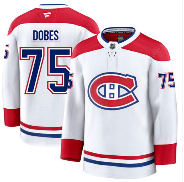 Men's Montreal Canadiens #75 Jakub Dobes White Fanatics Premium Away Jersey