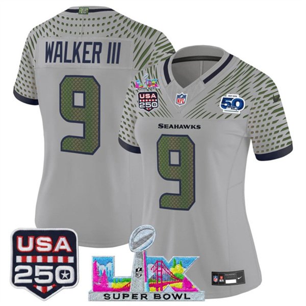 Women's Seattle Seahawks #9 Kenneth Walker III Gray 2025 F.U.S.E. Super Bowl LX & US 250th anniversary Patch And 50th Season Patch “Rivalries” Vapor Limited Football Stitched Jersey(Run Small)