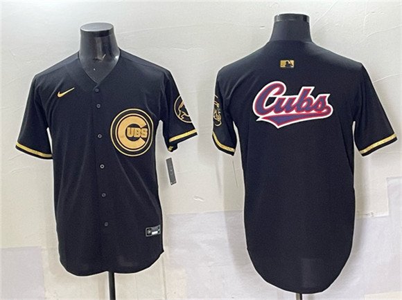 Men's Chicago Cubs Team Big Logo Black Gold Limited Stitched Baseball Jersey